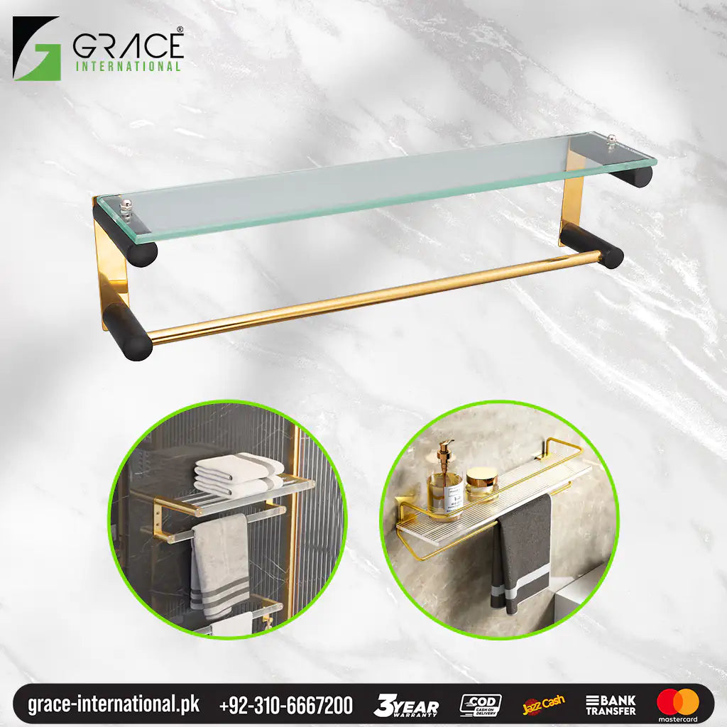 Stainless Steel Glass shelf with Towel Rod Rail Bathroom Home Accesso