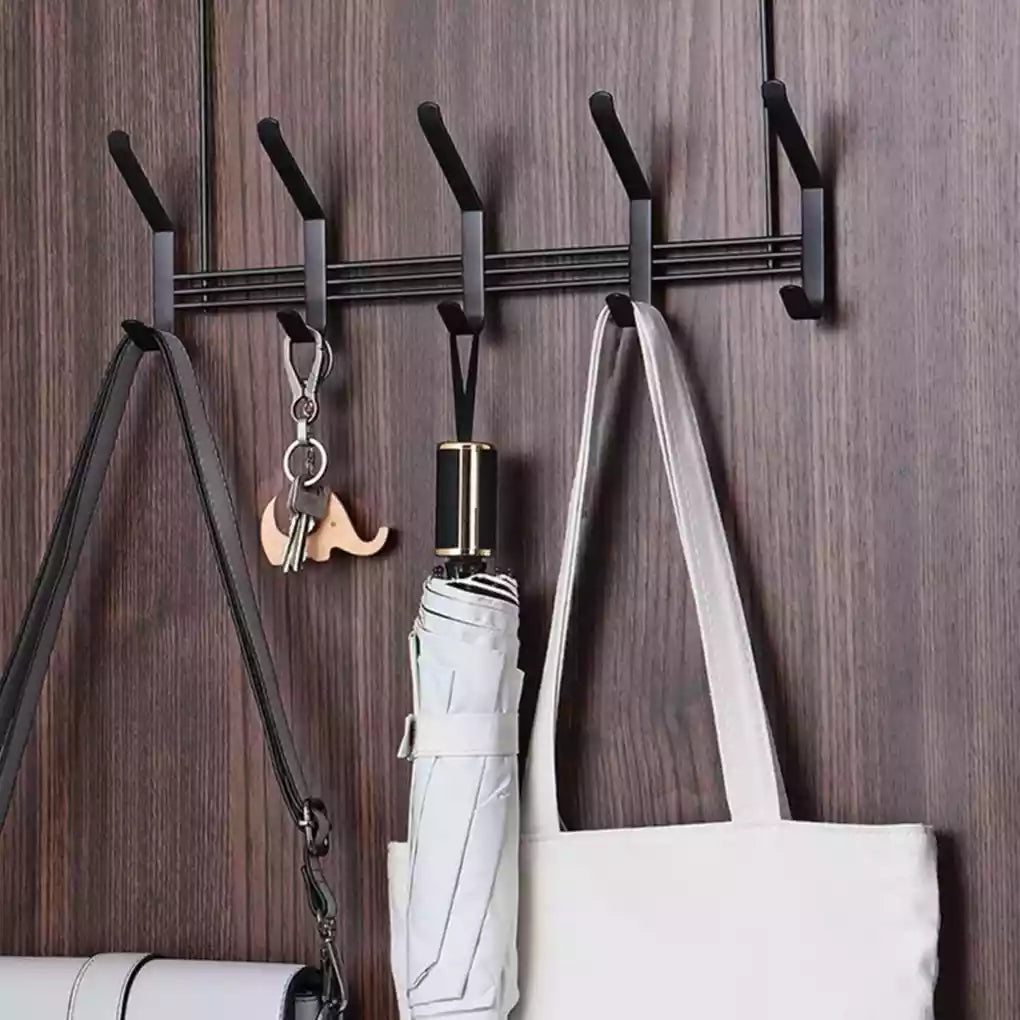 Black wall mounted multi hook rack for bags keys umbrellas and clothes