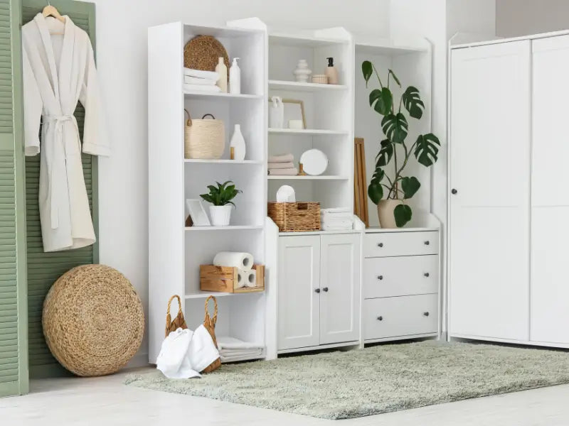 How to Organize a Bathroom Closet with Deep Shelves and Racks