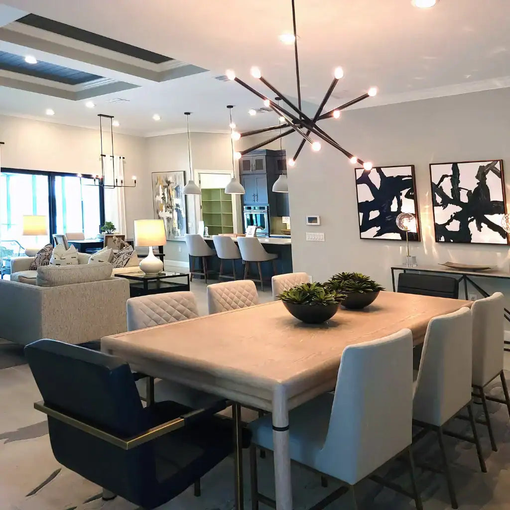 Modern dining room with marble table and contemporary chandelier