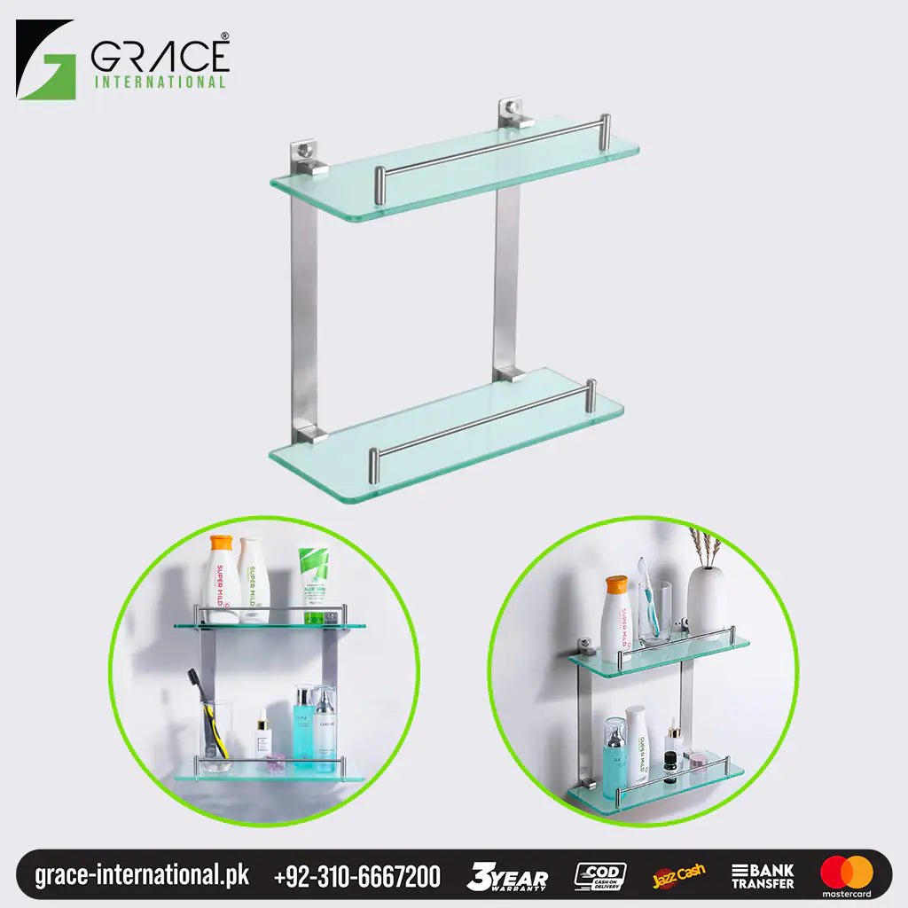 Bathroom Glass Shelf 2 Layer Tier Rust Proof Stainless Steel-Grace- Bathroom Accessories - Grace International (Manufacturer)