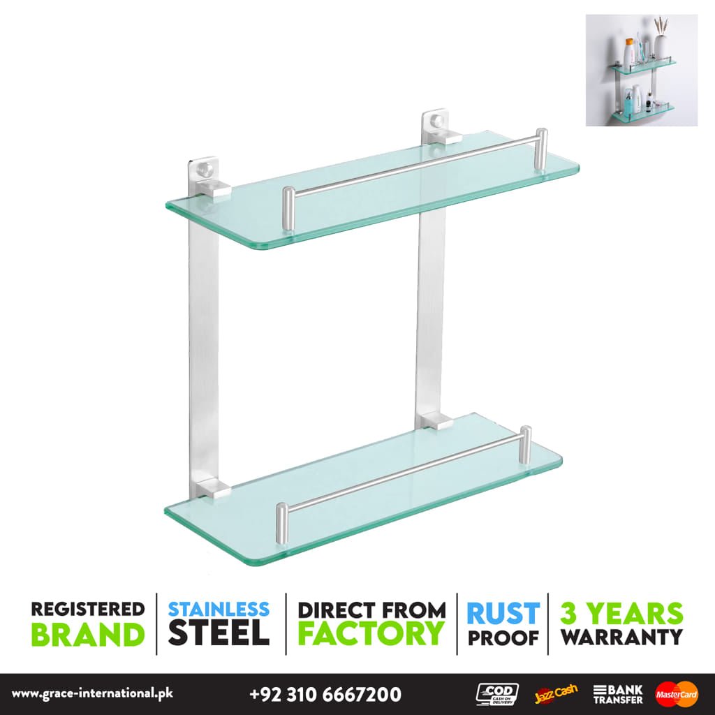 Bathroom Glass Shelf 2 Layer Tier Rust Proof Stainless Steel-Grace- Bathroom Accessories - Grace International (Manufacturer)