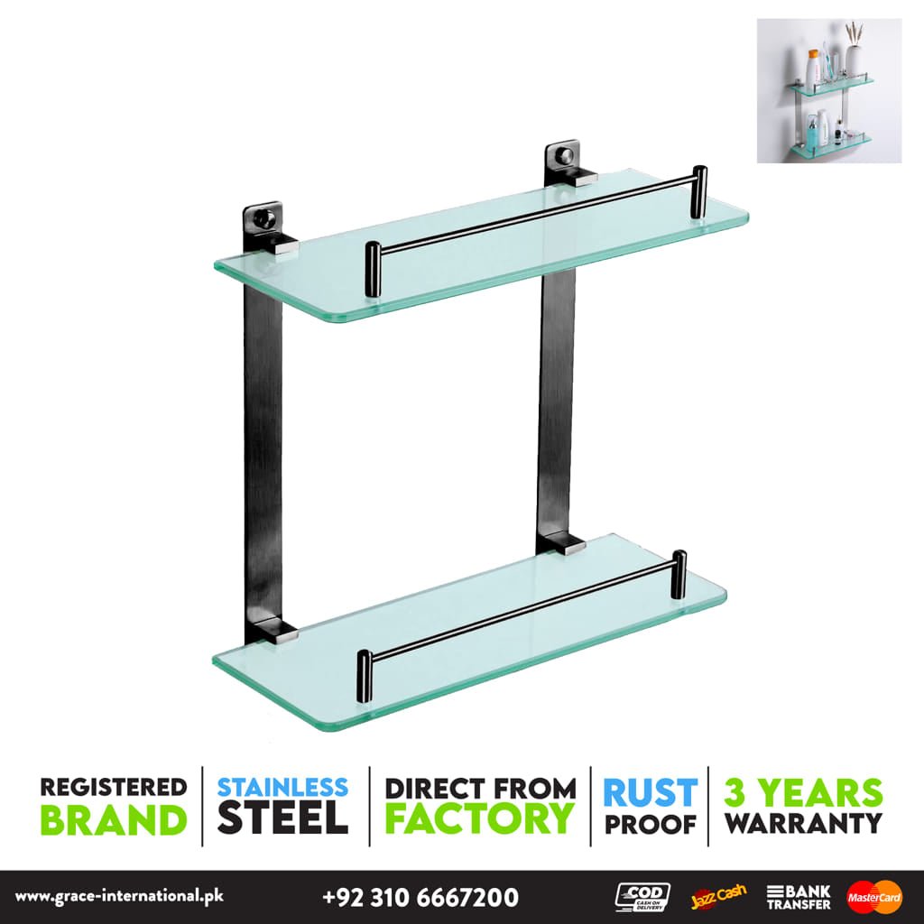 Bathroom Glass Shelf 2 Layer Tier Rust Proof Stainless Steel-Grace- Bathroom Accessories - Grace International (Manufacturer)