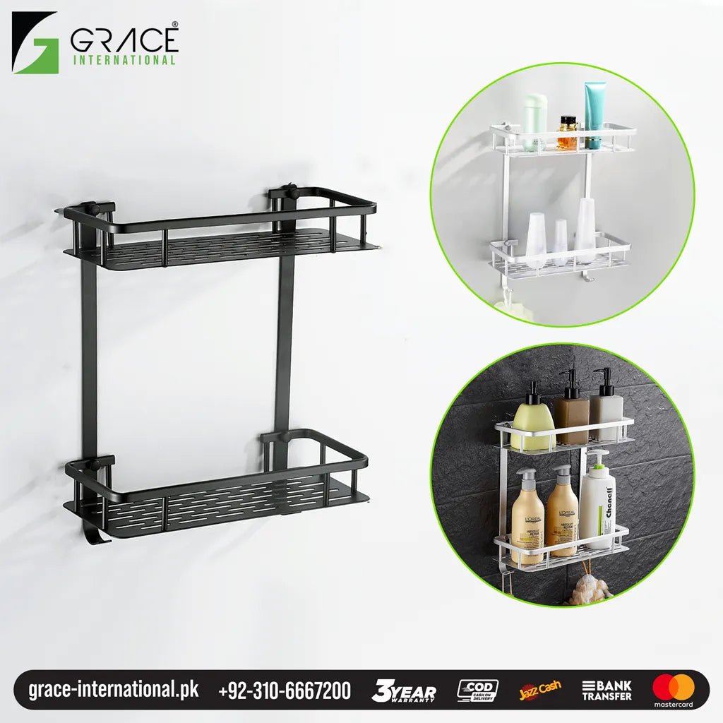 Bathroom Kitchen Wall Basket Shelf Double Layer 2 Tier Straight large Caddy - Grace - Grace International (Manufacturer)