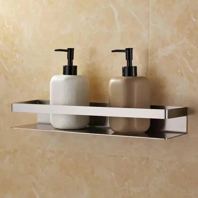 Stainless steel shower shelf in modern bathroom interior