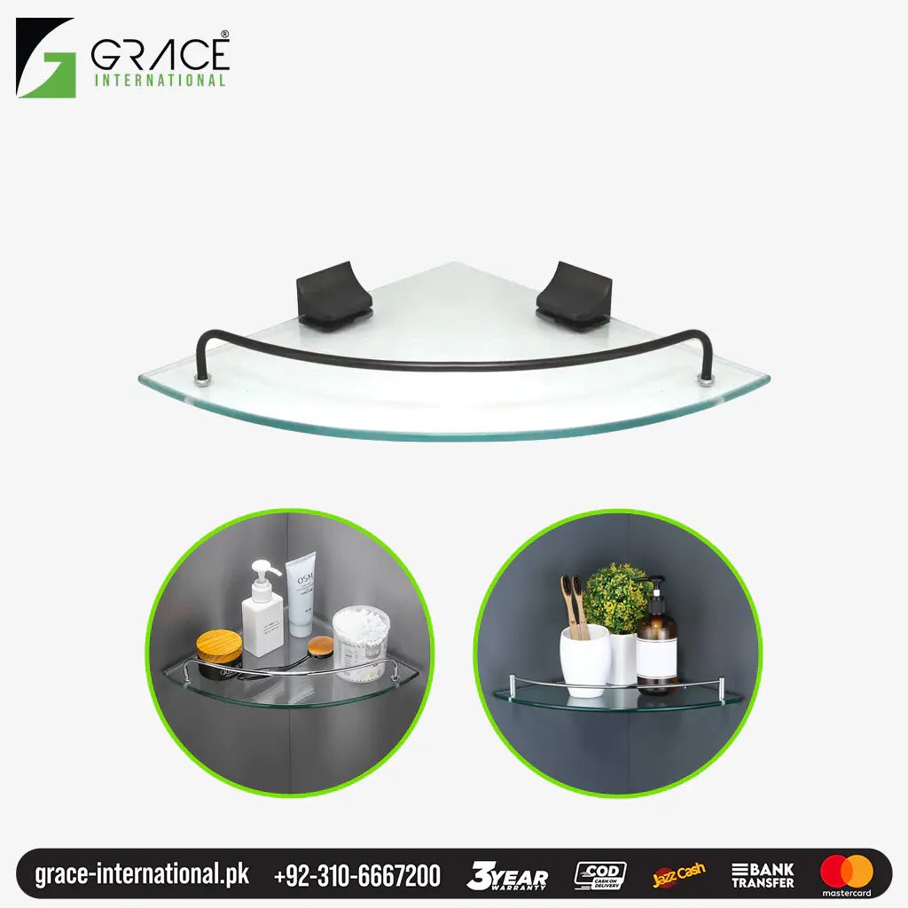 Bathroom Shelf Single Tier Corner Glass Shelf - Chrome - Bathroom Accessories - Grace International (Manufacturer)
