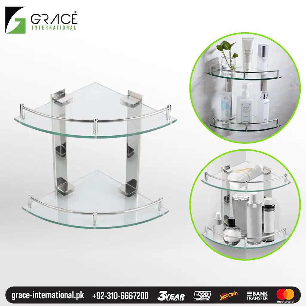 Corner Glass Shelf 2 Tier/ Layer - Chrome - Bathroom Shelf/Home Shelf - Grace International (Manufacturer)