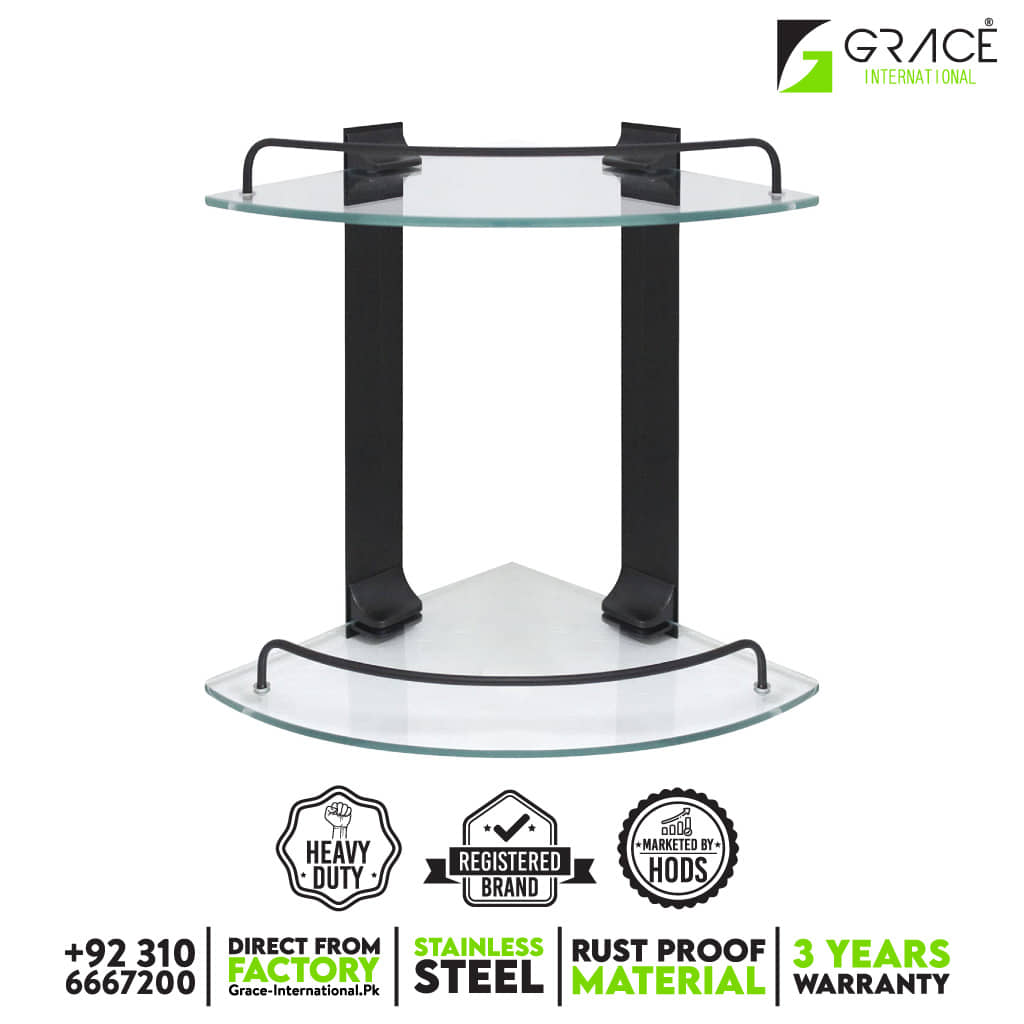 Corner Glass Shelf 2 Tier/ Layer - Chrome - Bathroom Shelf/Home Shelf - Grace International (Manufacturer)