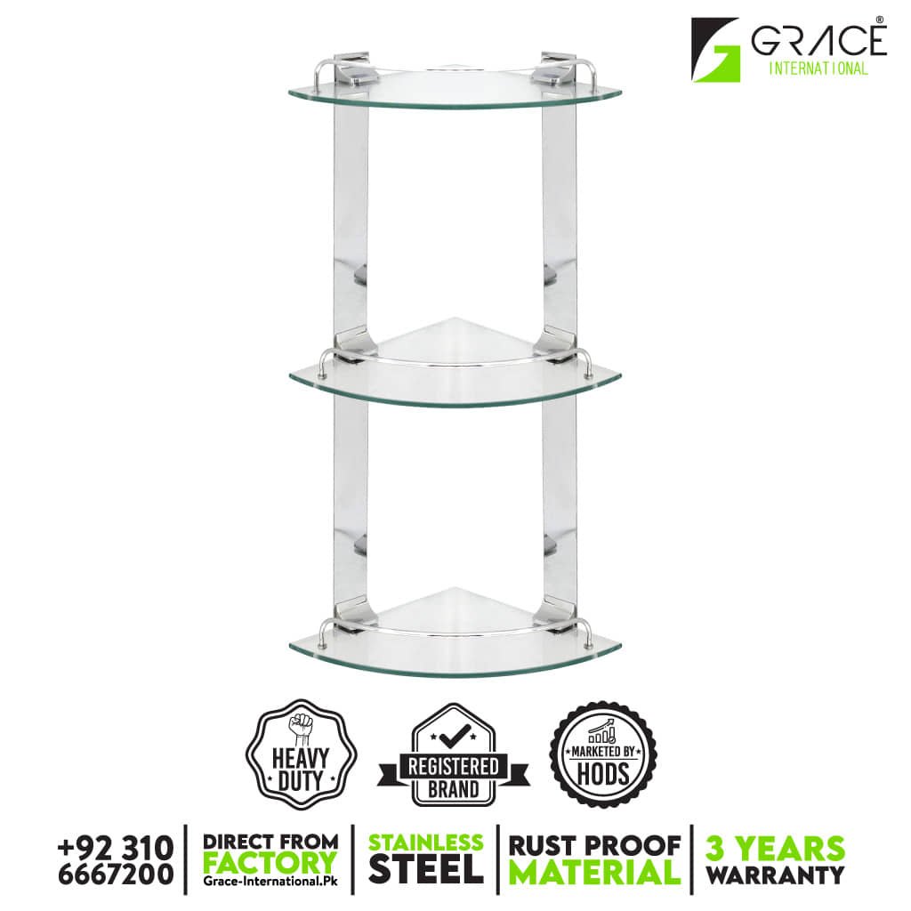 3-Tier Corner Glass Shelf – Chrome for Bath & Home