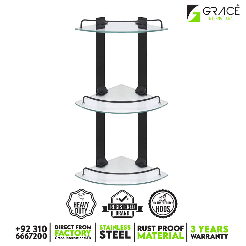 Corner Glass Shelf 3 Tier/ Layer - Chrome - Bathroom Shelf/Home Shelf - Grace International (Manufacturer)