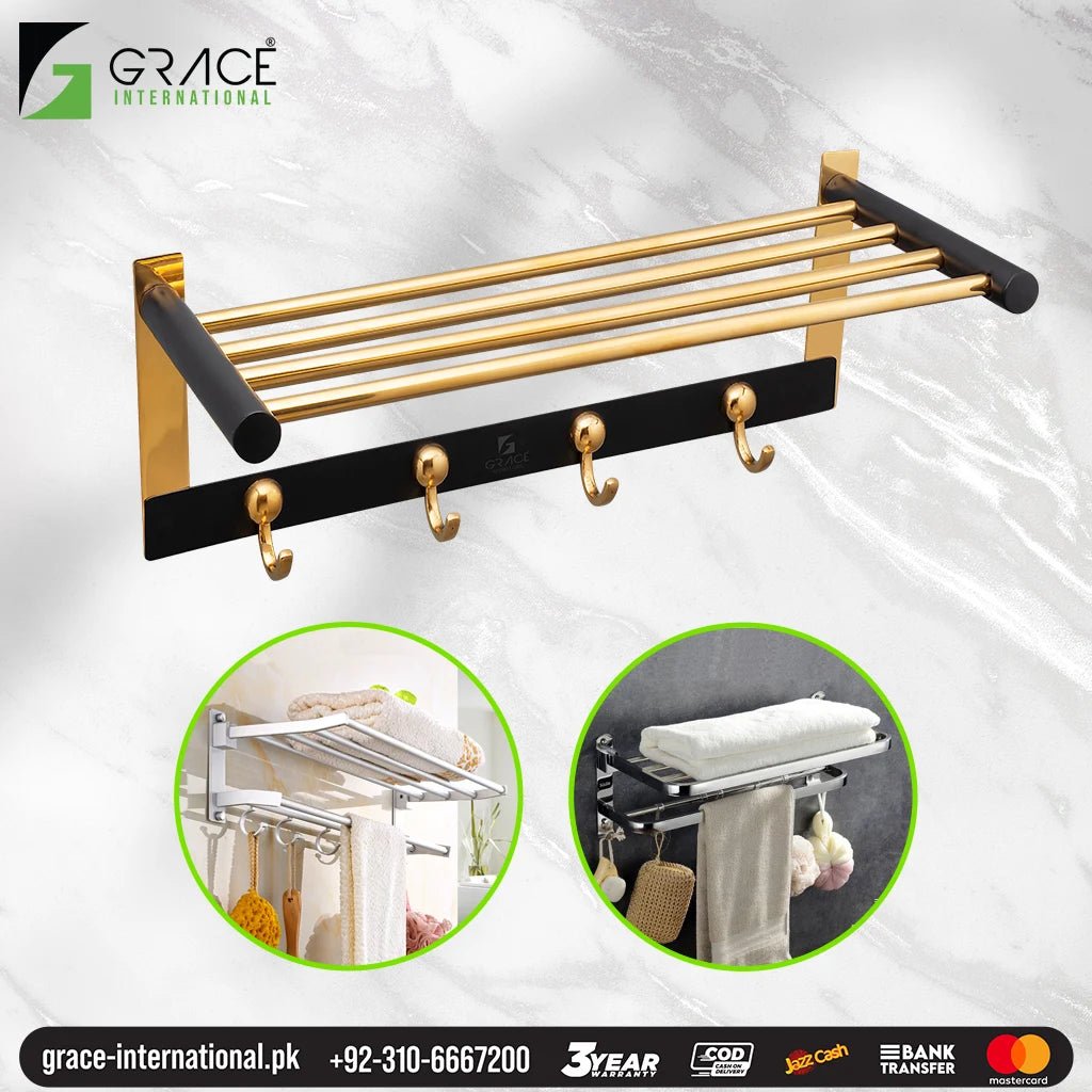 Towel Rail Shelf with Cloth Hooks Bathroom Accessories Pakistan - Grace International (Manufacturer)