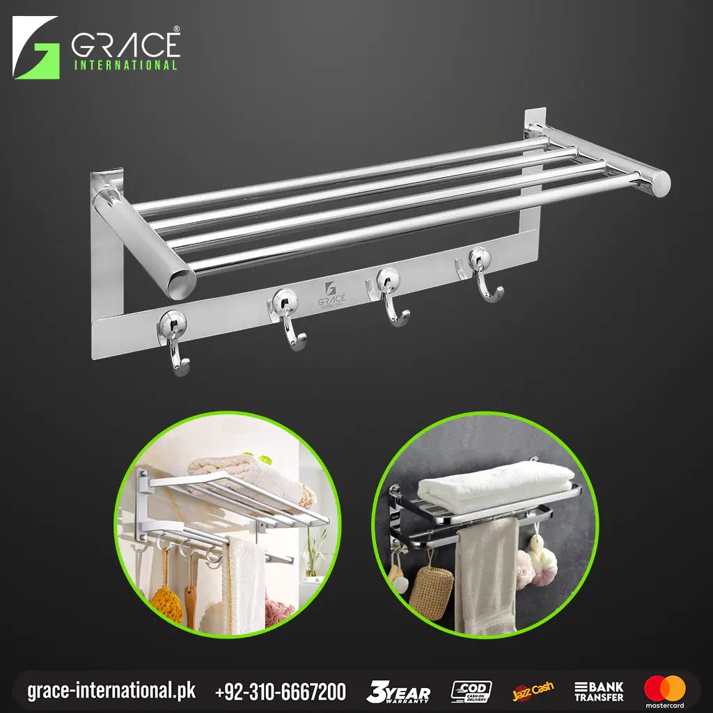 Towel Rail Shelf with Cloth Hooks Bathroom Accessories Pakistan - Grace International (Manufacturer)